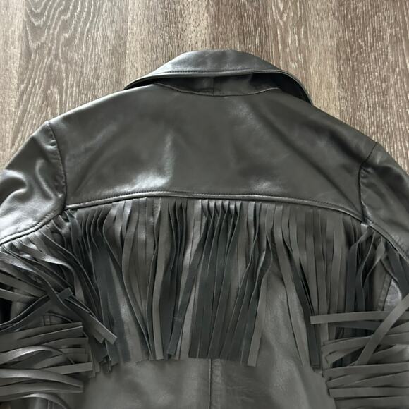 ASOS Black Leather Fringe Moto Jacket Small Real Leather Western Biker Statement - Picture 11 of 16